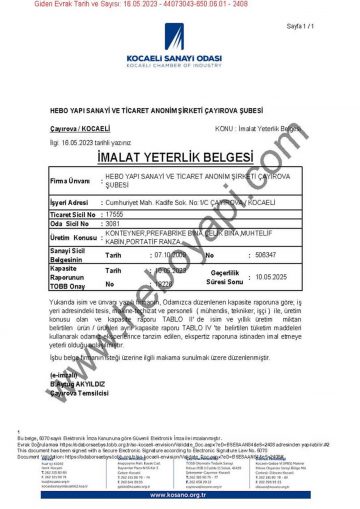 İmalat Yeterlilik Belgesi