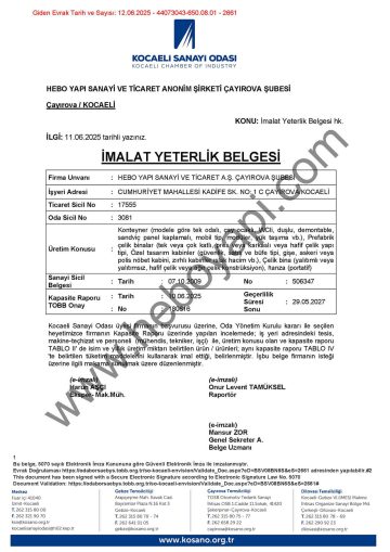 İmalat Yeterlilik Belgesi